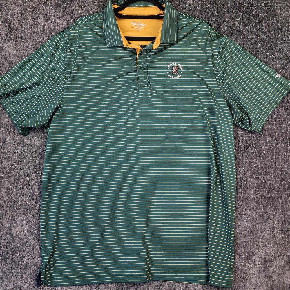 Walter Hagen Polo Shirt Mens XL Green Striped 125th US Open Oakmont Golf Stretch